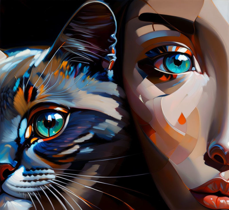 Colorful close-up artwork of a woman's face with a cat, detailed eyes, warm and cool