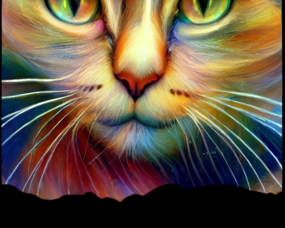 Vibrant swirling hues on a cat's face with striking green eyes