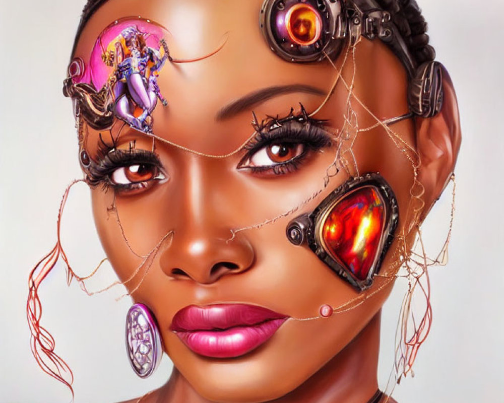 Digital artwork: African woman with cybernetic eye-piece and robotic head parts