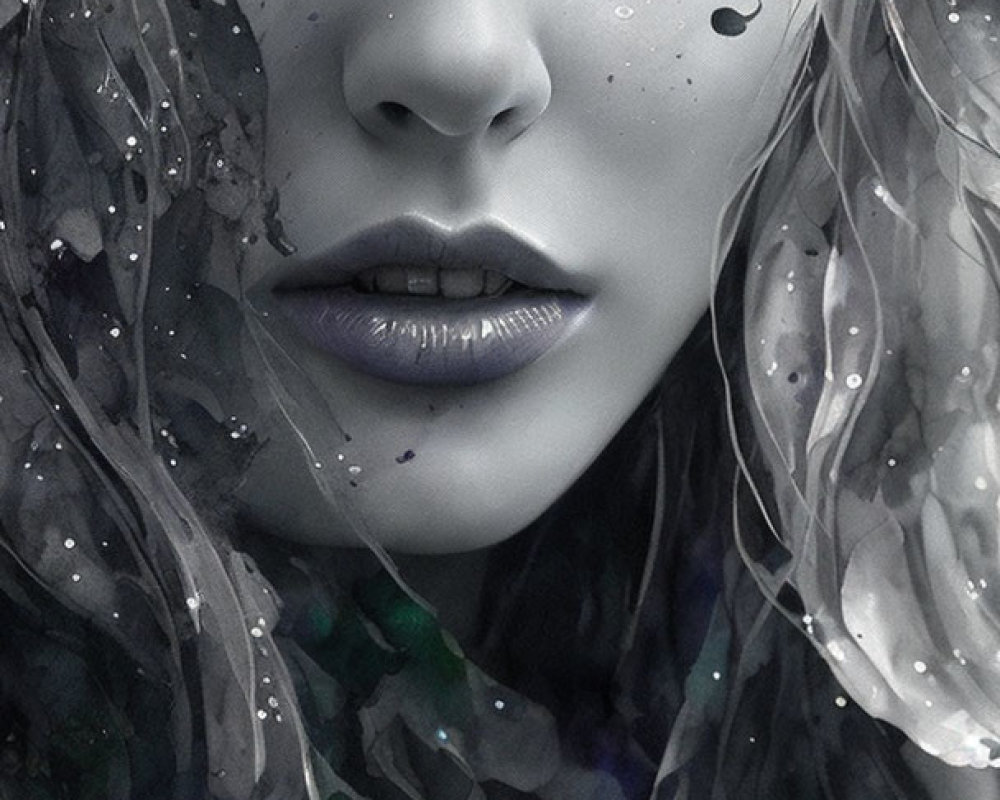 Monochrome portrait of a woman with striking eyes and purple lips, overlaid with paint splatters.