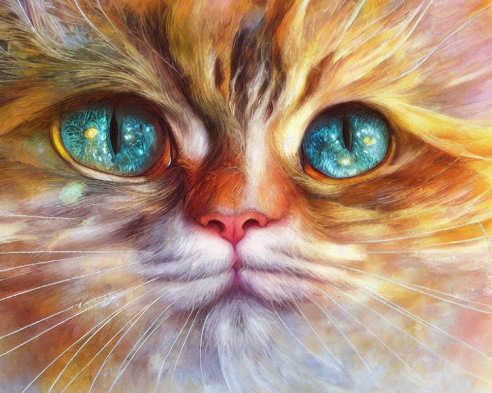 Colorful close-up painting of a cat with turquoise eyes and orange-yellow blend