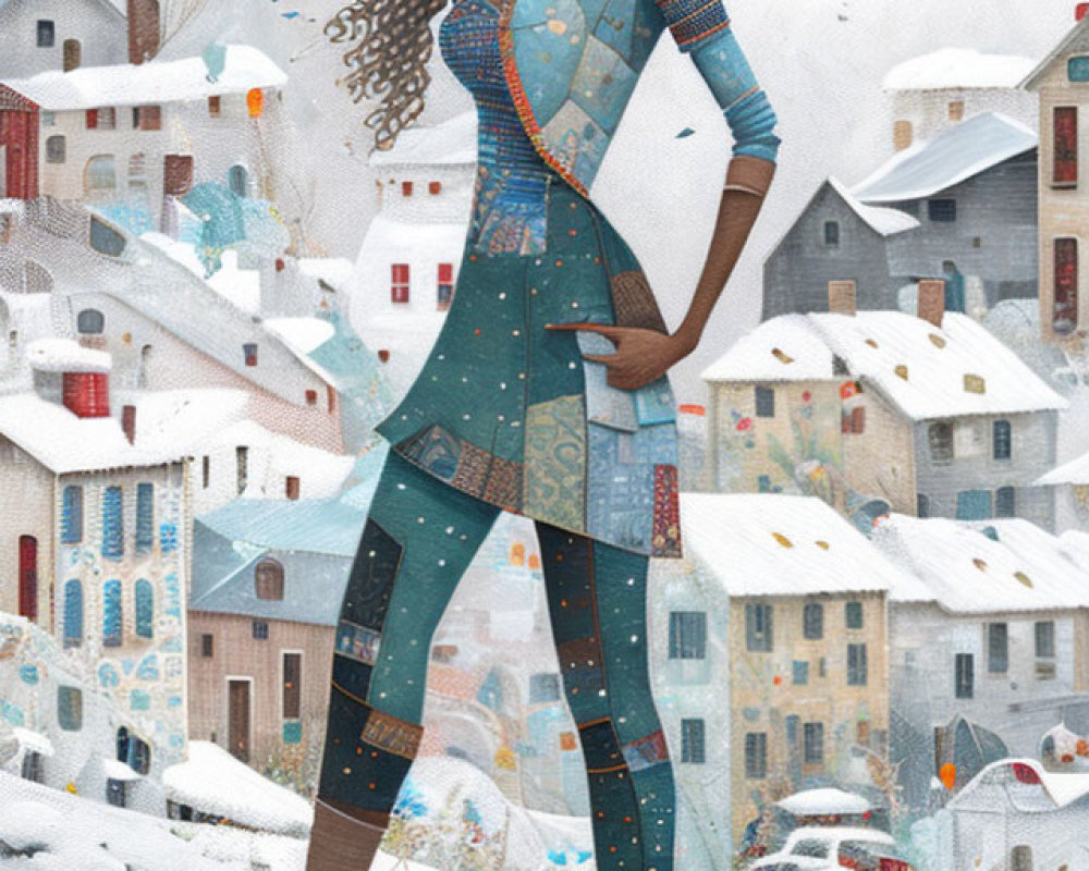 Stylized illustration of tall woman in hat with snow-covered houses
