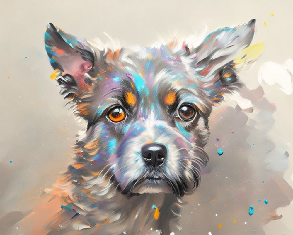 Colorful expressive dog digital artwork on beige background