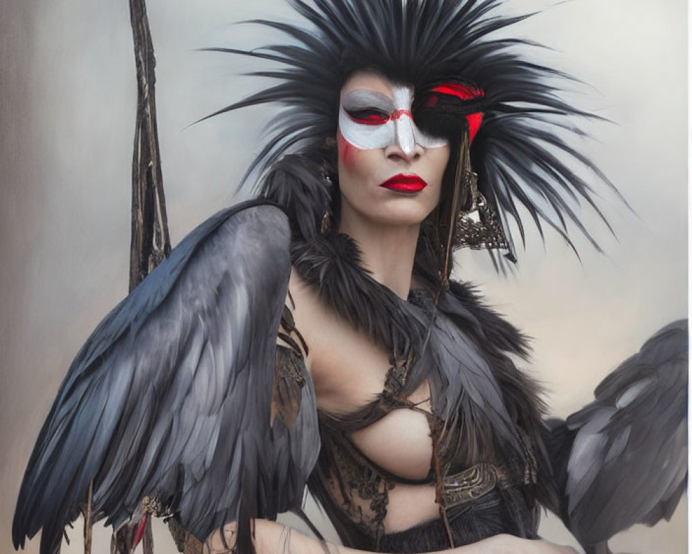 Dramatic makeup and feathered costume with bird-like headdress and wings