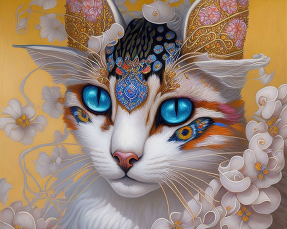 Vibrant digital artwork of fantastical cat with blue eyes and intricate patterns
