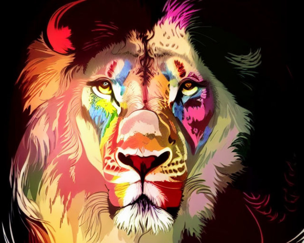Multicolored Lion Head Digital Illustration on Black Background
