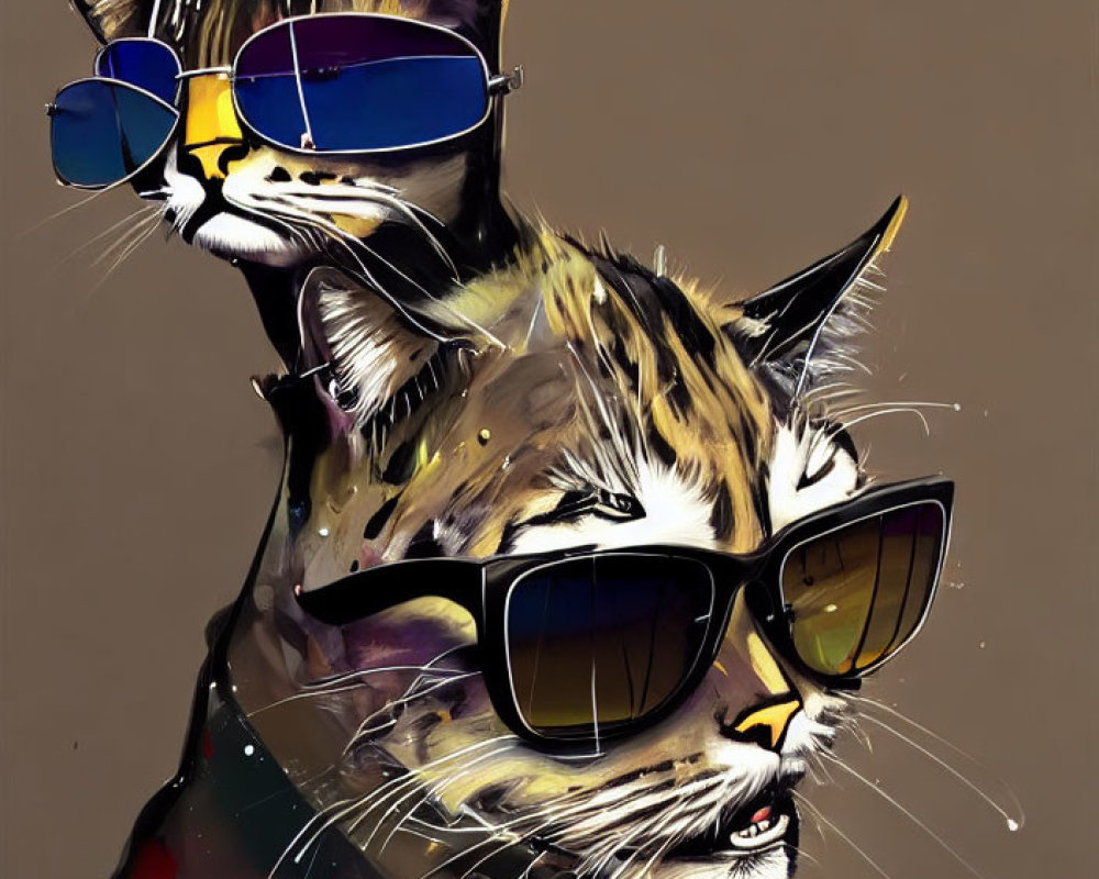 Stylized cats in sunglasses on tan background