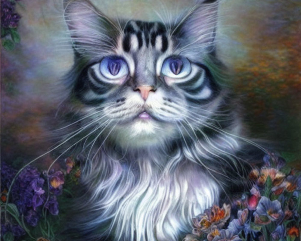 Whimsical cat painting with human-like eyes and colorful flowers