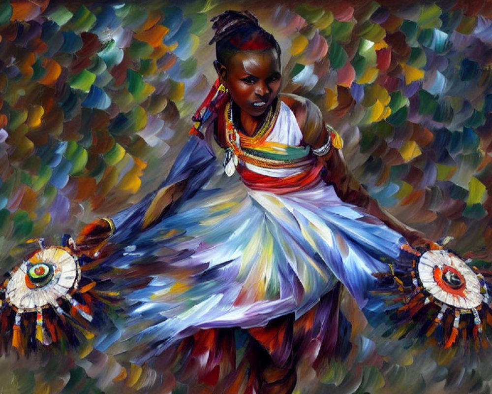 Colorful painting of a dancing woman in vibrant dress.