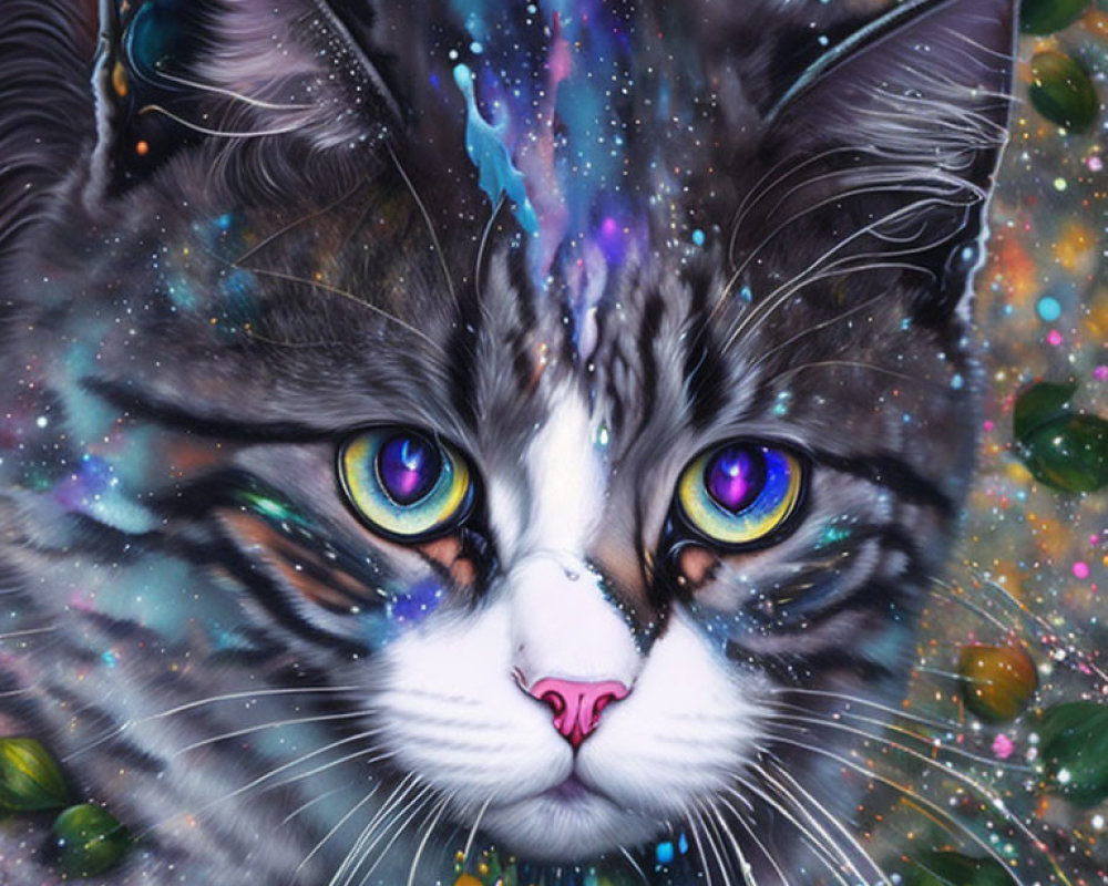 Cosmic Cat Artwork with Star-Filled Fur and Multicolored Eyes