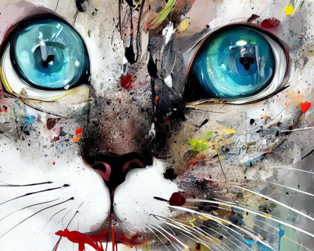 Colorful Abstract Cat Face Artwork with Blue Eyes and Dynamic Brush Strokes