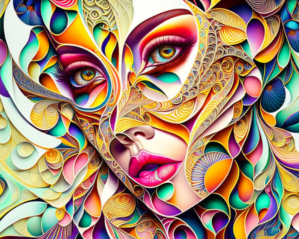 Colorful digital artwork: Woman's face with intricate patterns