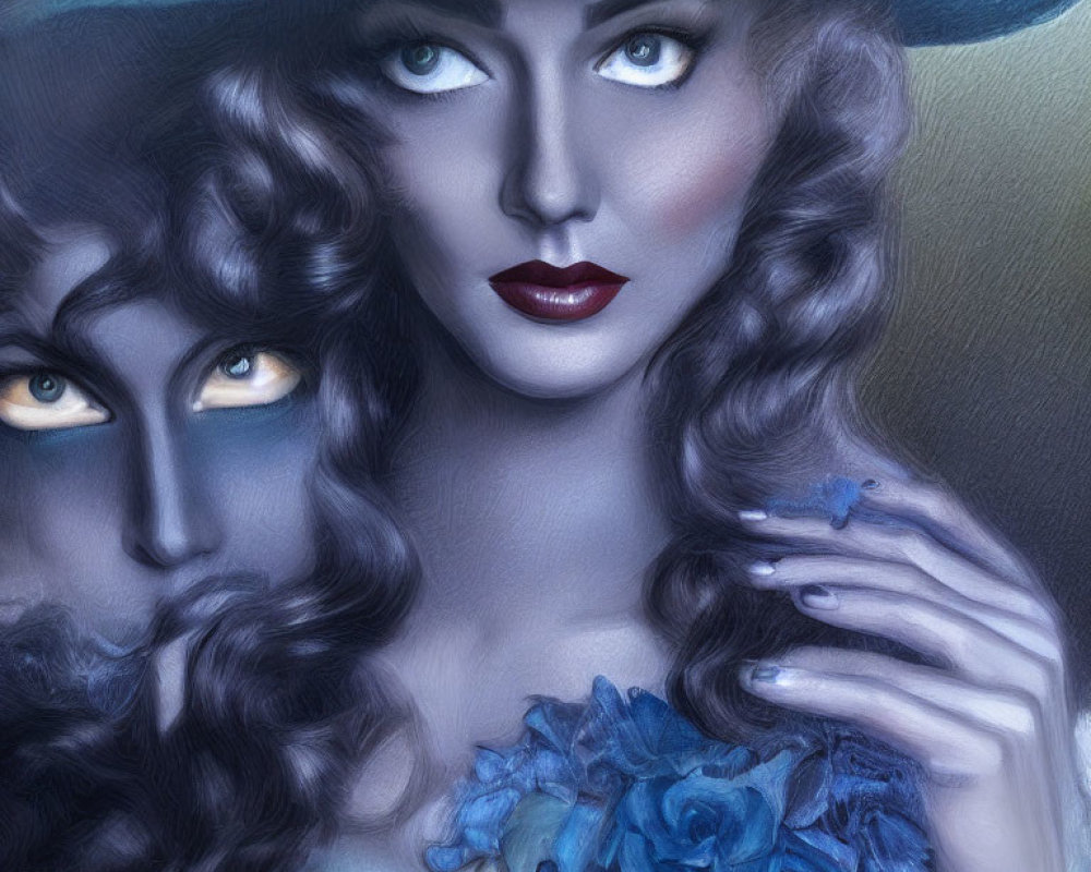 Digital artwork of woman with blue eyes, red lipstick, hat, and blue flowers.
