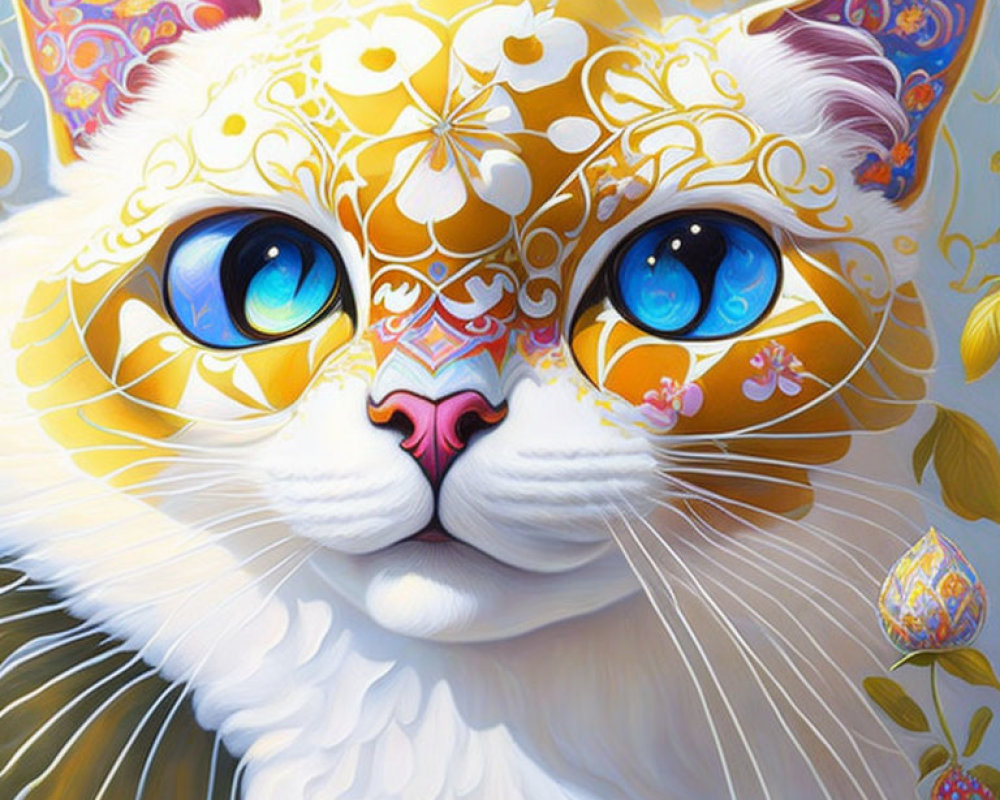 Detailed White Cat Illustration with Gold and Pastel Floral Patterns