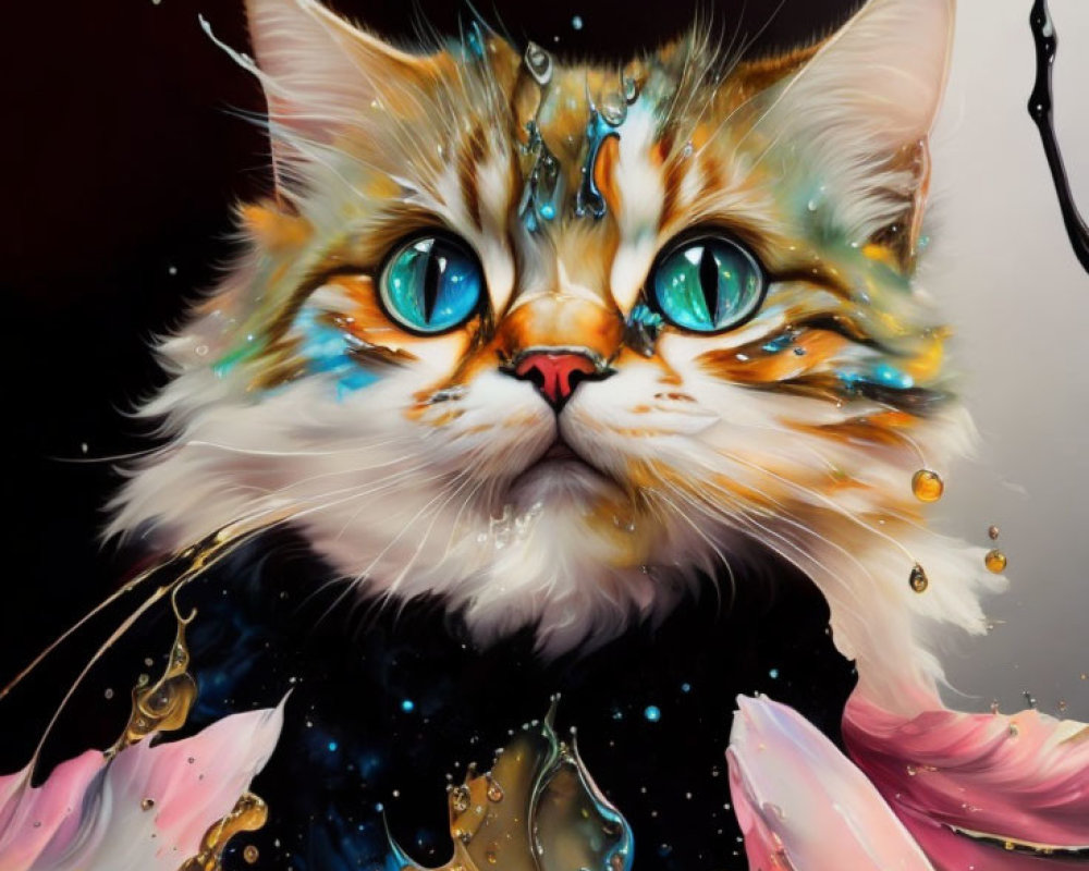 Colorful digital artwork: Cat with bright blue eyes and flowing colors on dark background