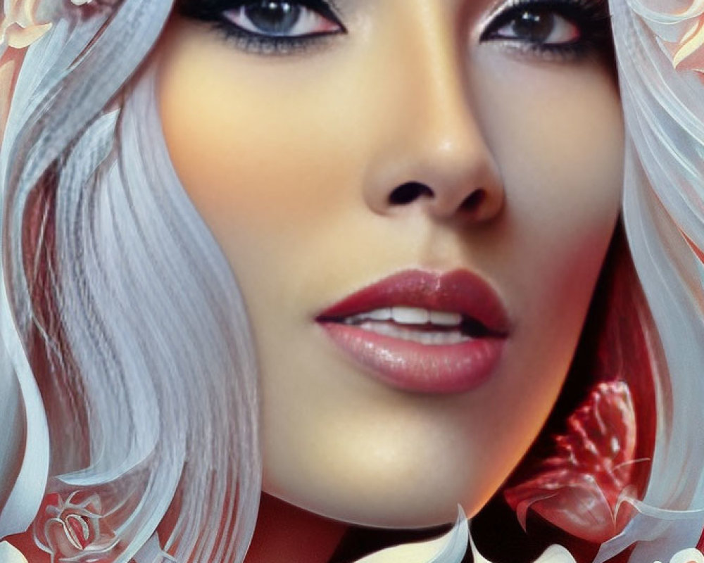 Close-Up Digital Portrait of Woman with Fair Skin and Silver Hair