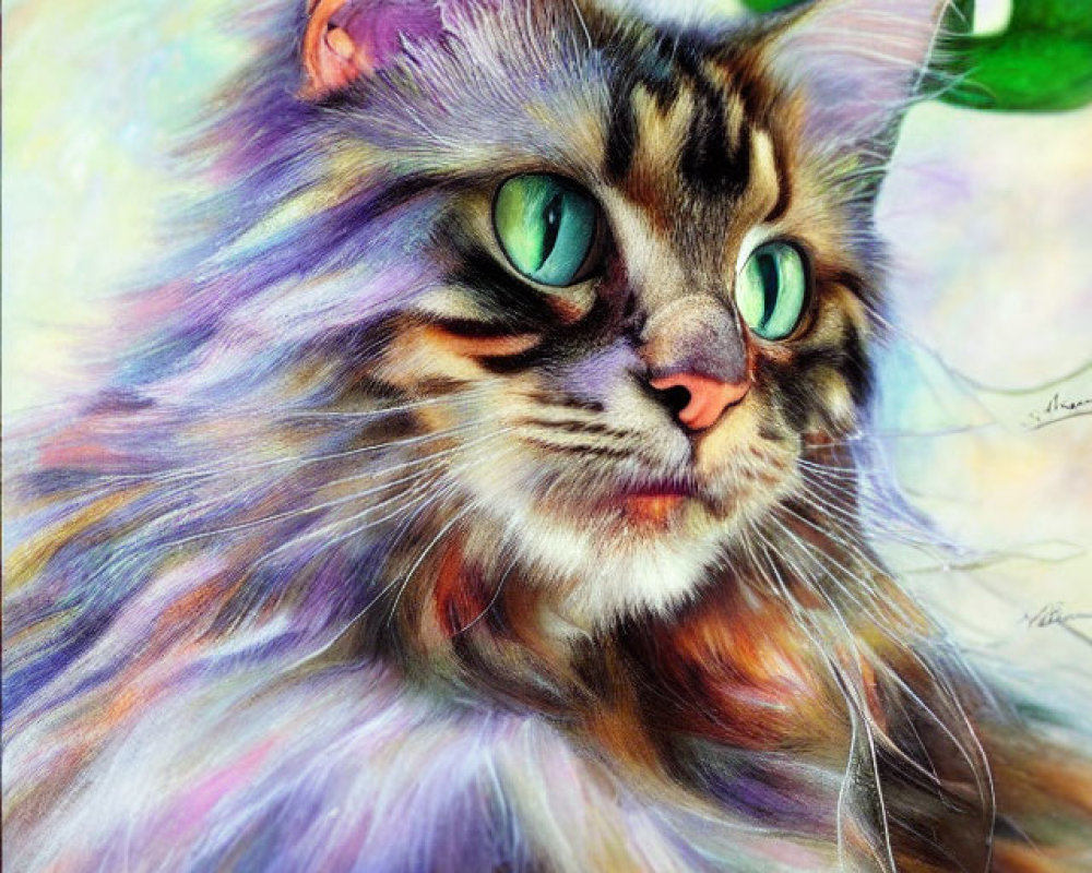 Vibrant long-furred cat with green eyes in purple, blue, and brown fur