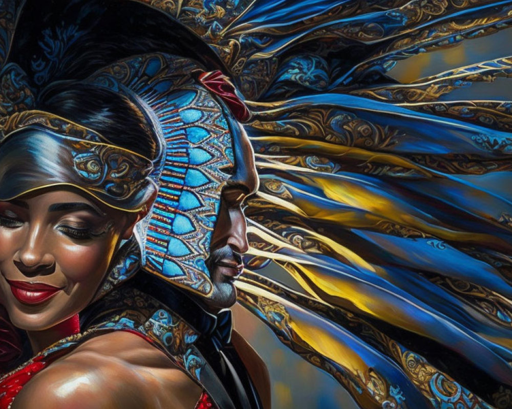 Colorful close-up: Smiling woman in feathered headdress meets man in blue and gold.