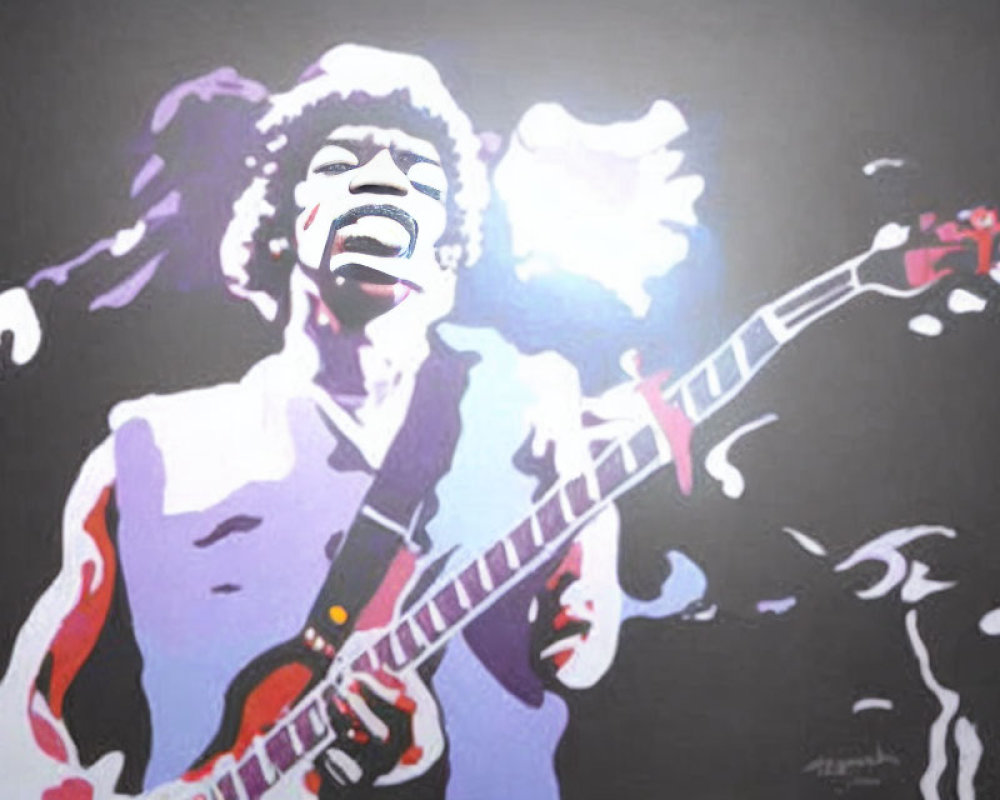 Musician with Afro Playing Electric Guitar on Purple Background