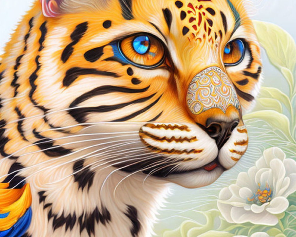 Colorful anthropomorphic tiger with blue eyes and intricate patterns in a floral setting.
