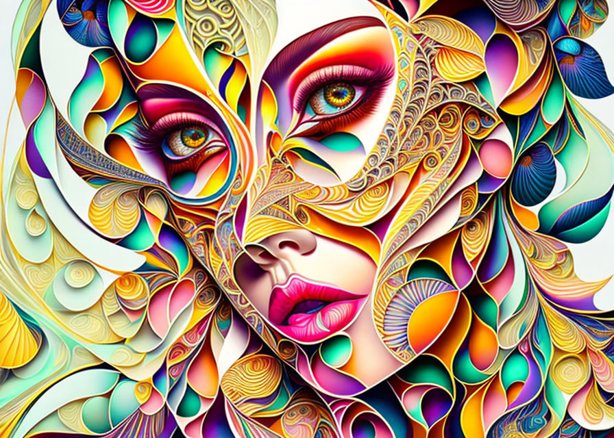 Colorful digital artwork: Woman's face with intricate patterns
