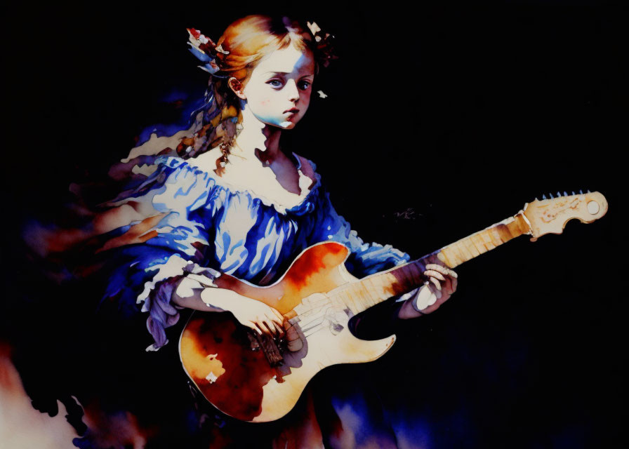 Watercolor girl on guitar