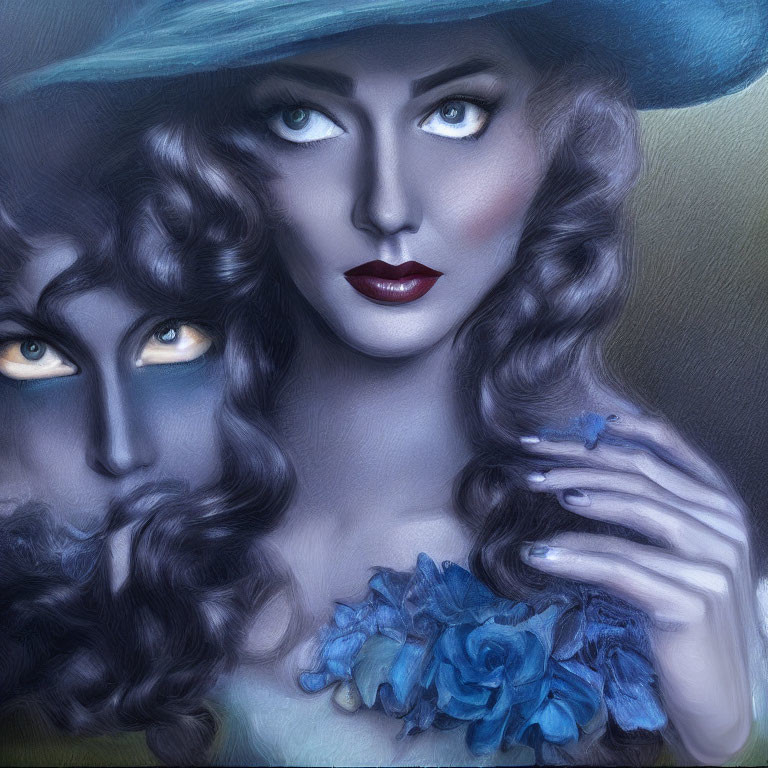 Digital artwork of woman with blue eyes, red lipstick, hat, and blue flowers.