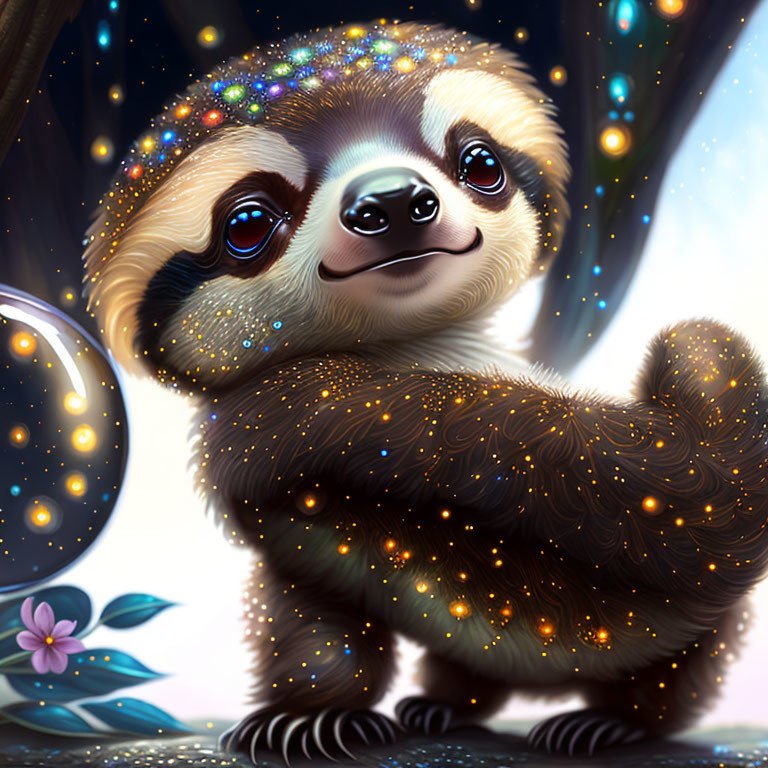 Illustration of cute sloth in sparkling fur under magical night sky