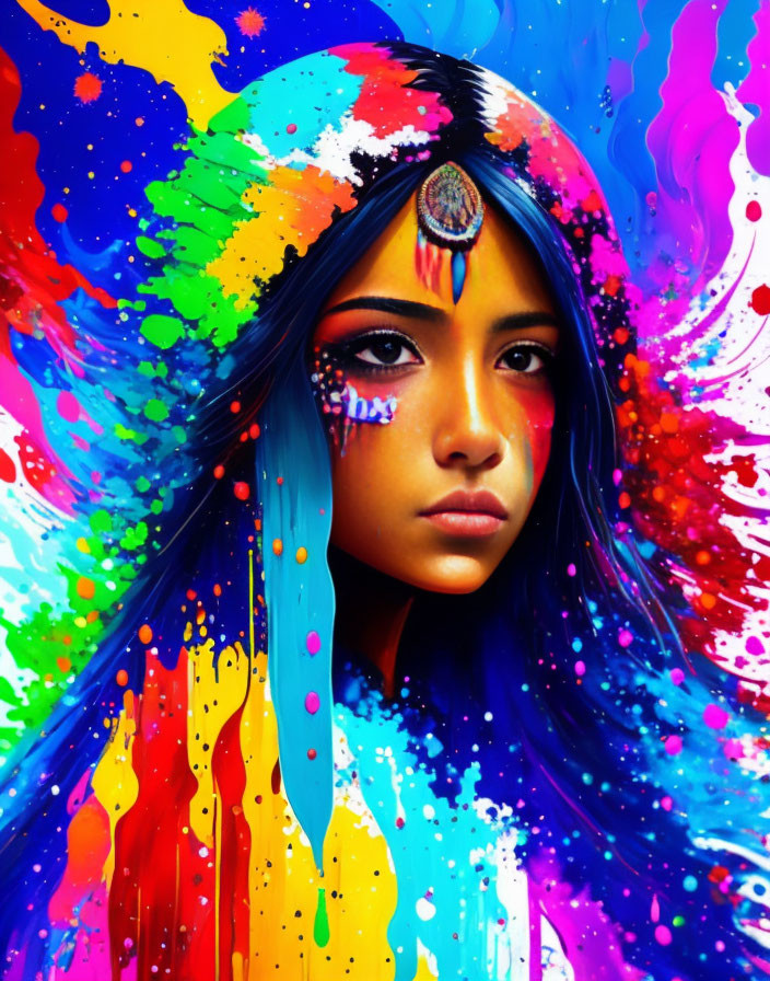 Colorful digital artwork of girl with paint splatters surrounding her face