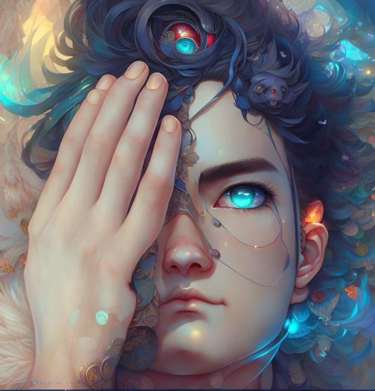 Surreal portrait: Blue-eyed person with ornate eye device, vibrant floral and feather elements