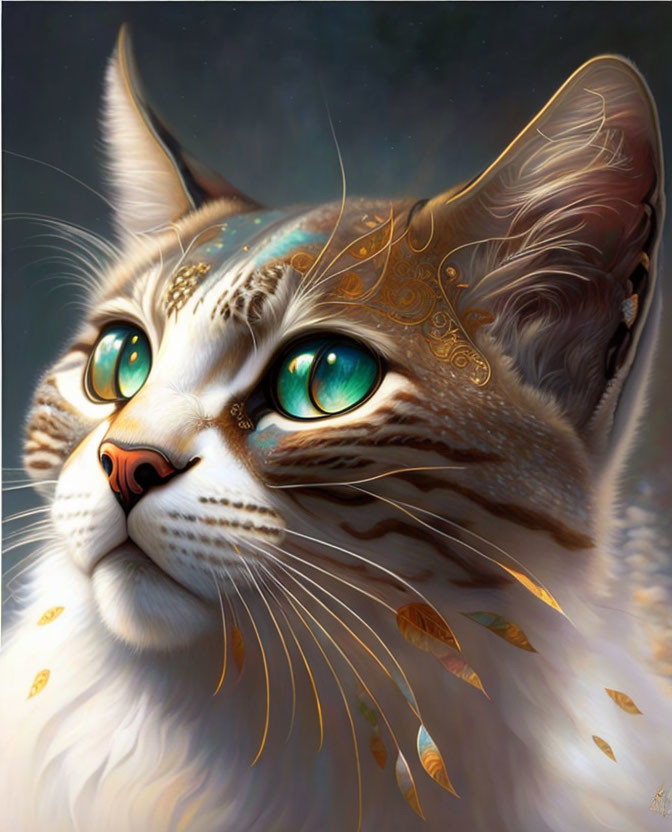 Digitally painted majestic cat with green eyes and gold patterns.