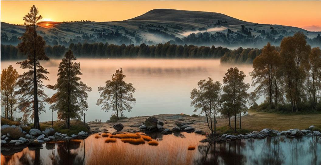Serene Sunrise Scene: Lake, Trees, Hills, and Fog