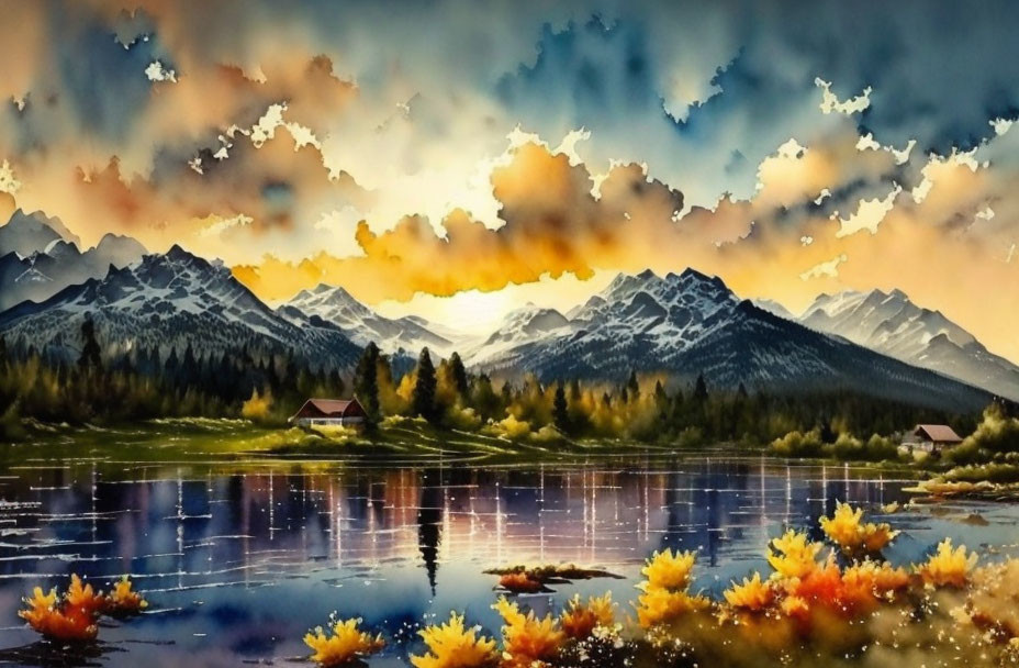 Serene sunset landscape with lake, mountains, houses, and autumn trees