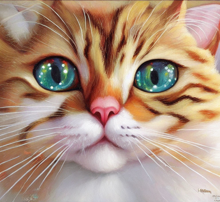 Close-Up of Orange Tabby Cat with Green Eyes and Detailed Fur Texture