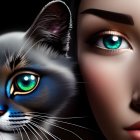 Colorful close-up artwork of a woman's face with a cat, detailed eyes, warm and cool