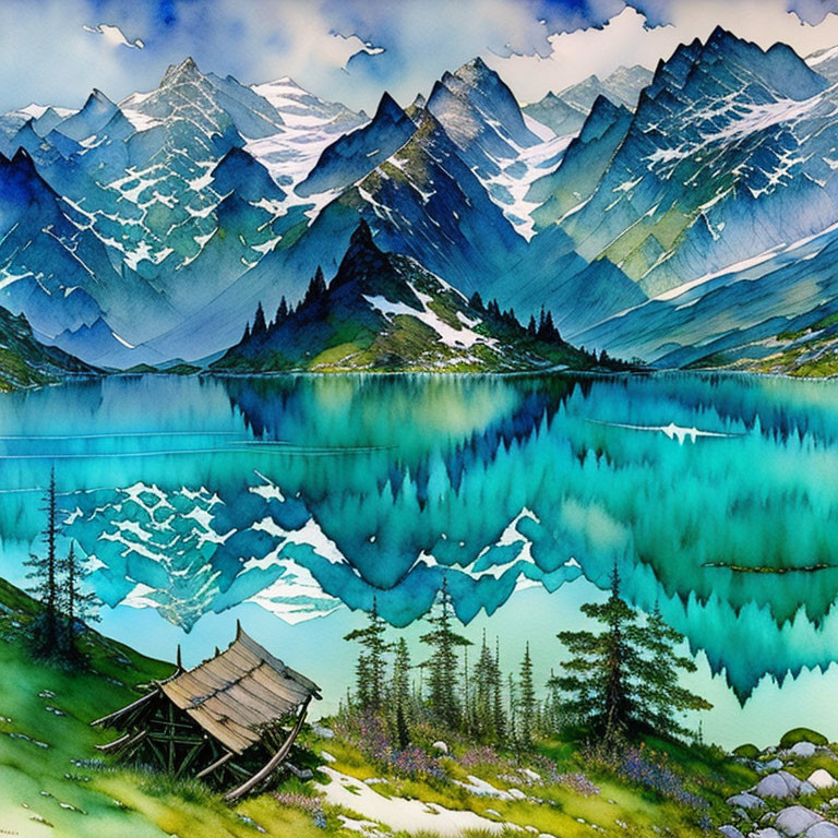 Watercolor Mountain water scene