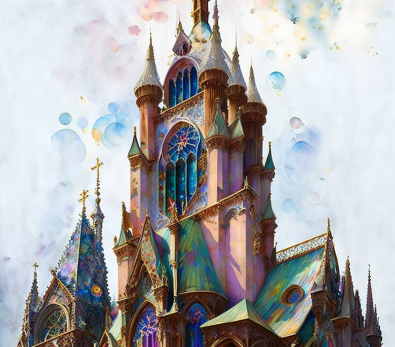 Fantastical Cathedral with Iridescent Walls and Colorful Orbs