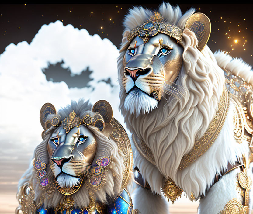 Majestic lions with golden headpieces under a cloudy sky
