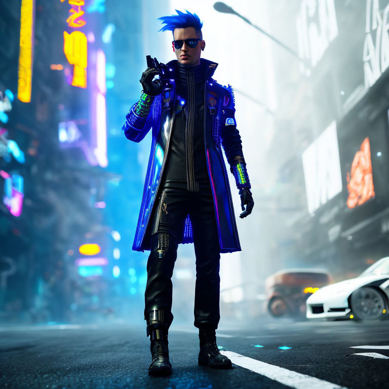 Stylized character with blue hair in futuristic jacket in neon-lit city