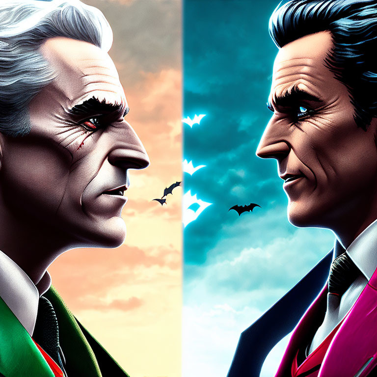 Illustrated dual personality profile faces in daylight and sunset with bats and blue sky.