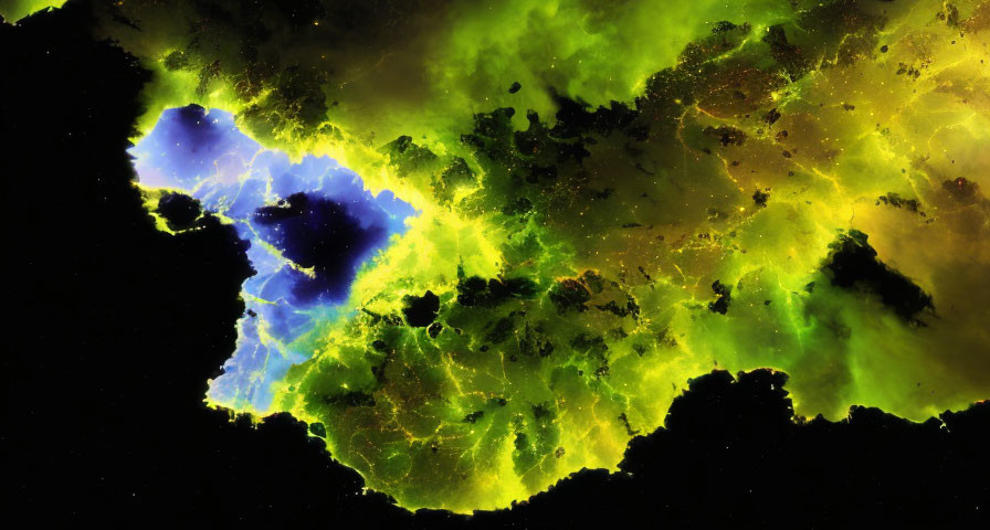 Colorful swirling greens and yellows in cosmic painting.