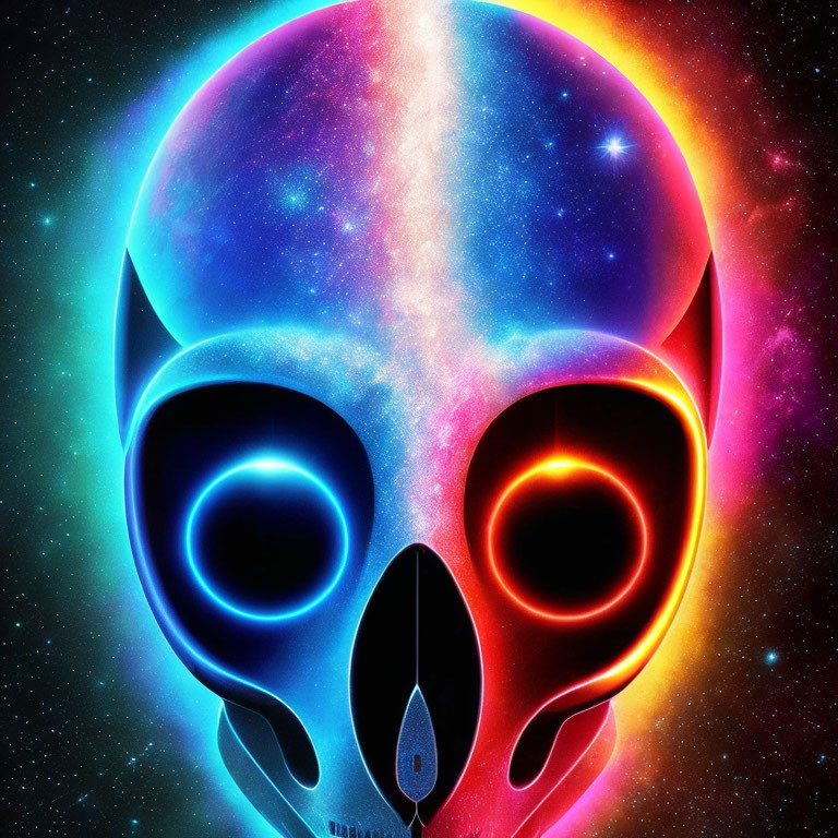 Colorful cosmic skull digital illustration with starry nebula silhouette.