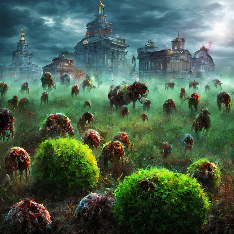 Zombified Creatures in Misty Landscape Approaching Dilapidated Buildings