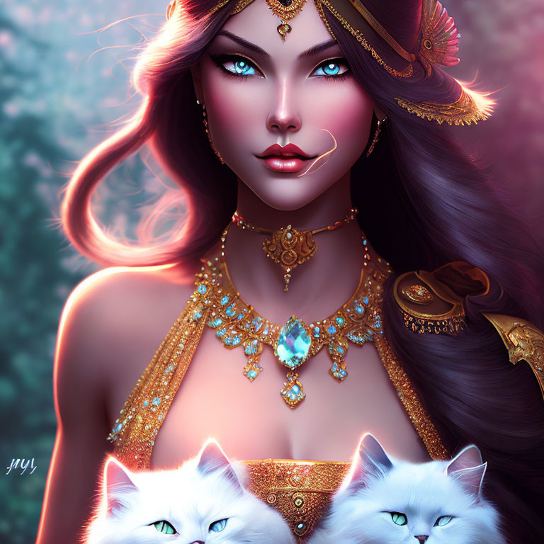 Digital artwork featuring woman with blue eyes, gold jewelry, white cats, nature backdrop