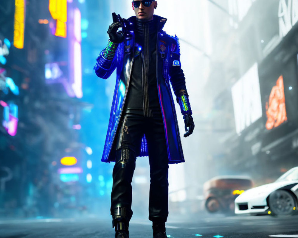 Stylized character with blue hair in futuristic jacket in neon-lit city