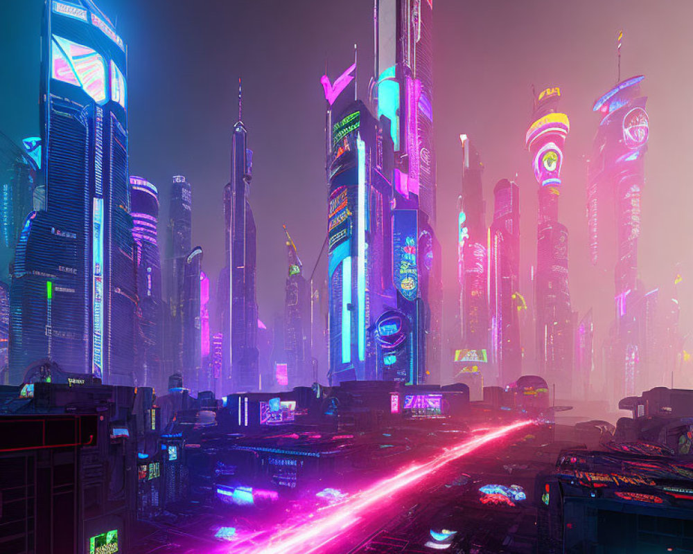Vibrant futuristic cityscape at night with neon lights and skyscrapers