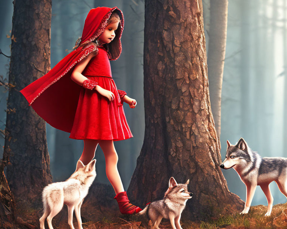 Girl in Red Hooded Cloak with Three Wolves in Misty Forest