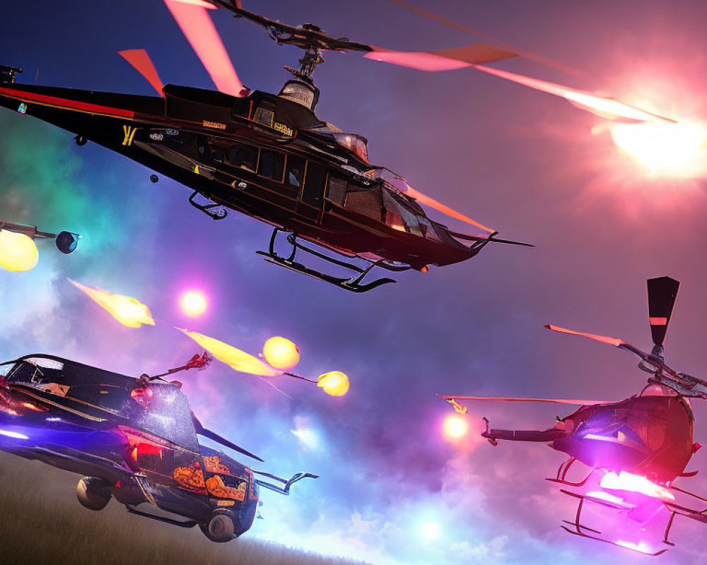 Colorful neon-lit helicopters fly low over a sunset field