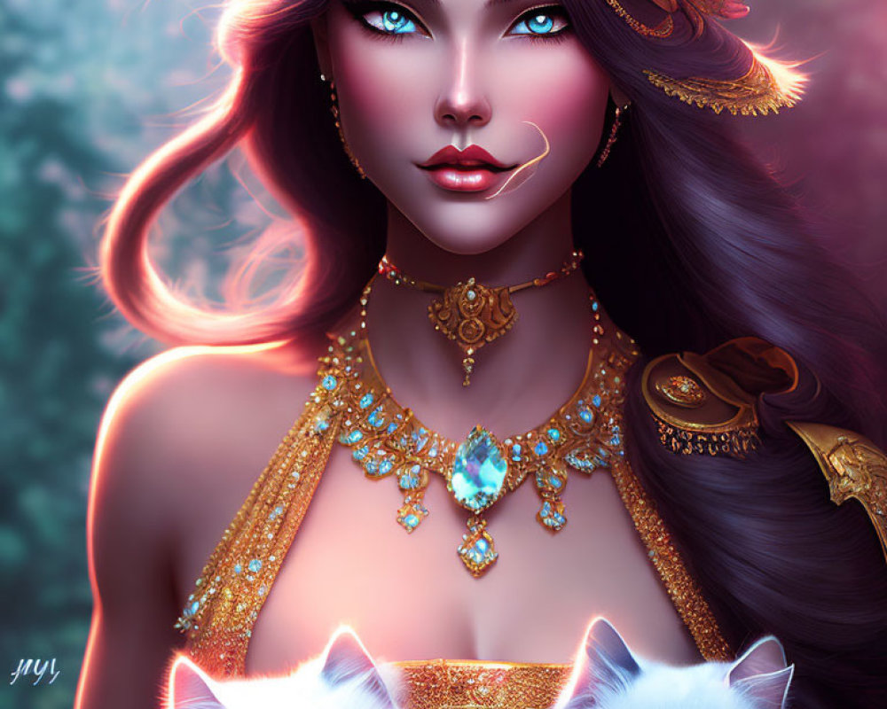 Digital artwork featuring woman with blue eyes, gold jewelry, white cats, nature backdrop