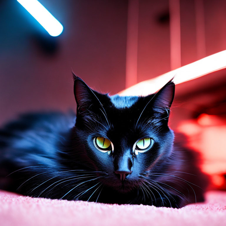 Black cat with green eyes under pink and blue neon lights